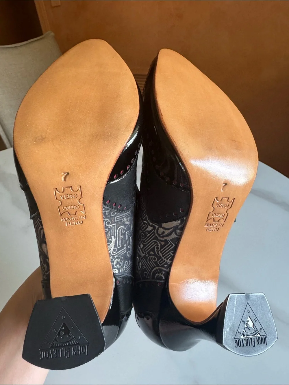 John Fluevog Boudicca Big Presence Black Silver Mary Jane Heels 7